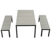 Outsunny Terrassenmöbel-Set, 3-teilig, 2 Bänke & 1 Tisch, Metallrahmen, Holzoptik, Grau(m-9)