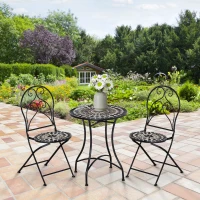 Outsunny 3 Pieces Garden Bistro Set with Coffee Table and 2 Folding Single Chairs, Mosaic Garden Table Top and Seats, Metal Frame, for Patio Balcony, Black(m-2)