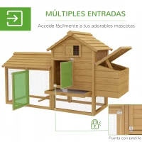 PawHut Gallinero de Madera para Exterior Jaula para 2-3 Gallineras con 2 Corrales de Alambre Techo Abrible Caja Nido Bandeja Extraíble y Rampa 150,5x54x87 cm Natural(m-5)