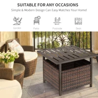 Outsunny Rattan Garden Coffee Table, 55.5 cm Square Wicker Patio Side Coffee Table with 4 cm Umbrella Hole, Metal Bottom and Slatted Top for Outdoor, Balcony, Brown(m-5)