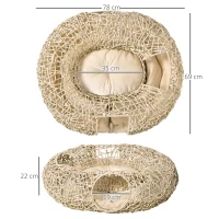PawHut Cama para Gatos de Ratán 78x69x22 cm Cesta para Gatos Rolliza con Cojín Suave 3 Orificios de Acceso Túnel para Gatos Madera Natural(m-3)