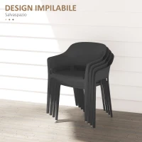 Outsunny Set 4 Sedie da Giardino in Plastica Impilabili con Braccioli e Schienale Alto in PP, Nero(m-5)