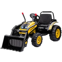 HOMCOM Kinder Elektrobagger Sitzbagger für Kinder Aufsitzbagger Geländewagen traktor elektrisch zum Fahren mit Musik Schaufel Armen 3–5 Jahre PP-Kunststoff Stahl Gelb 132 x 62 x 65 cm(m-10)