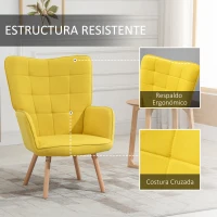 HOMCOM Sillón Individual con Respaldo Alto Reposabrazos Tela de Lino y Patas de Madera para Comedor Cocina 71x76x101cm Amarillo(m-5)