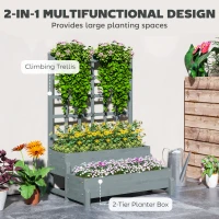 Outsunny 2-Tier Raised Garden Bed with Trellis, Wooden Elevated Planter Box with Drainage Holes, Outdoor Raised Planter for Climbing Plants, Fruits, Vegetables, Flowers, Grey(m-4)