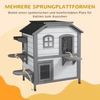 PawHut Katzenhaus Katzenhütte Katzenhöhle, 2 Stockwerke, wetterbeständig, 78,1 cm x 55,2 cm x 90,8 cm, Weiß + Grau(m-7)