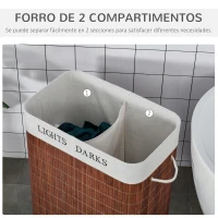 HOMCOM Cesto para Ropa Sucia de Bambú Capacidad de 100L Cesta para la Colada Rectangular con Tapa Extraíble Bolsa de 2 Compartimentos 52x32x63 cm Marrón(m-6)