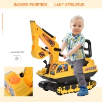 HOMCOM Sitzbagger Aufsitzbagger mit Schaufel Hupe, Kinderbagger mit Stauraum unter Sitz, Rutschauto Baggerfahrzeug zum Sitzen bis 30kg, Draufsitzen Sandbagger für Kinder 1,5-4 Jahre Gelb(m-4)