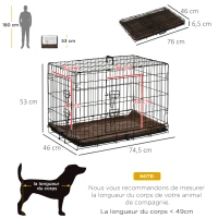 PawHut Cage de transport pliante pour chien poignée, plateau amovible, coussin fourni 74,5L x 46l x 53H cm noir(m-3)