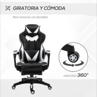 Vinsetto Silla Gaming Ergonómica Silla de Escritorio de Oficina Regulable en Altura Reclinable Respaldo con Reposapiés Reposacabezas Cojín Lumbar Ruedas 65x70x118,5-128,5 cm Blanco(m-6)