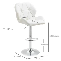 HOMCOM Set 2 Sgabelli da Bar con Altezza Regolabile, Base in Metallo e Seduta in Pelle PU, Sgabelli con Schienale e Poggiapiedi, 51.5x57.5x93-114.5cm, Bianco(m-3)