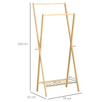 HOMCOM Perchero de Pie de Bambú con Estante para Zapatos 2 Barras y 2 Ganchos para Dormitorio Entrada 74x42x150 cm Natural(m-3)