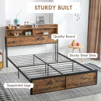 HOMCOM Industrial King Bed Frame, 5.2FT Steel Bed Base with Storage Headboard, Footboard, Slatted Support and Under Bed Storage, 158 x 222cm, Rustic Brown(m-7)
