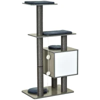 PawHut Árbol Rascador para Gatos de Madera 71,5x49,5x120 cm Torre de Gato con Cueva Plataformas Postes Rascadores Cojines Gris(m-8)