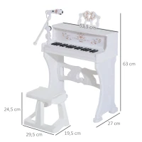 HOMCOM Piano Electrónico Infantil de 37 Teclas Juego de Piano con Modelo Pedagógico Micrófono Taburete Luces y 22 Canciones USB/MP3/Bluetooth Karaoke 53,5x27x63 cm Blanco(m-3)