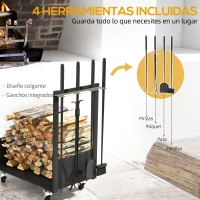 Outsunny Leñero Metálico con Ruedas Soporte para Leña con Pala Escoba Atizador y Tenazas Carga 60 kg 48x30x76 cm Negro(m-4)