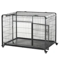 PawHut Kennel Gabbia per Cani Pieghevole a Doppia Porta con Blocco, Box per Cani con 4 Ruote con Freno e Fondo Rimovibile, 125x76x81cm, Grigio Scuro(m-1)