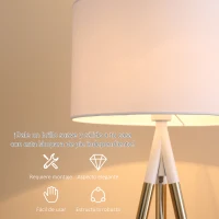 HOMCOM Lámpara de Pie con Trípode de Metal E27 Máx. 40W Pantalla de Tela e Interruptor de Pie Lámpara de Suelo Moderna para Salón Dormitorio Ø53x144 cm Blanco y Dorado(m-4)