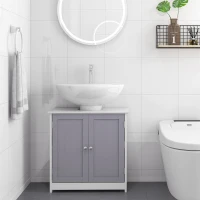 kleankin 60x60cm Under-Sink Storage Cabinet w/ Adjustable Shelf Handles Drain Hole Bathroom Cabinet Space Saver Organizer White and Grey(m-7)