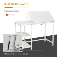 HOMCOM Table à Dessin Bureau inclinable Design Contemporain dim. 110L x 55l x 76H cm 2 étagères Panneaux Particules métal Blanc(m-4)