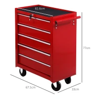 HOMCOM 5 Drawer Tool Box on Wheels, Lockable Steel Tool Cabinet with Side Handle, Red(m-3)