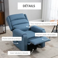 HOMCOM Fauteuil releveur électrique avec repose-pied ajustable et télécommande velours polyester aspect lin bleu(m-4)