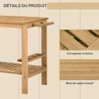 Outsunny Desserte de jardin chariot pour plancha barbecue en bois avec poignée 2 plateaux et porte-bouteilles 95 x 47 x 74 cm(m-6)