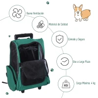 PawHut Transportín 2 en 1 para Mascotas Mochila o Carrito de Viaje para Perro y Gato con 2 Ruedas con Asa retráctil de Aluminio y Bolsillos 42x25x55 cm Verde(m-6)