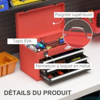 DURHAND Caisse boite à outils en acier avec 3 tiroirs coulissants et 1 plateaux, Poignée de transport, verrouillable, rouge(m-4)