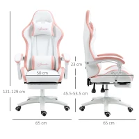 Vinsetto Computer Gaming Chair, PU Leather Office Desk Chair with Footrest, Swivel Wheels, 135° Reclining Back, Lumbar Support, Headrest for Home, White and Pink(m-3)