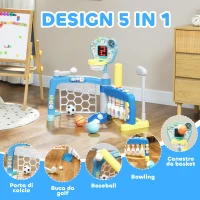 AIYAPLAY Gioco per Bambini 5 in 1 per Calcio, Basket, Golf, Baseball e Bowling, in PP e ABS, 88.6x38.7x60.4-68 cm(m-4)