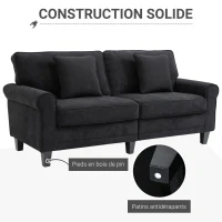 HOMCOM Canapé 3 places en tissu velours côtelé 197 cm  avec accoudoirs et dossier rembourrées 2 oreillers noir(m-5)