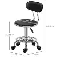 HOMCOM Tabouret à roulettes tabouret de massage pivotant 360° - ergonomique avec dossier - hauteur assise réglable 43,5-59 cm - revêtement synthétique noir et métal chromé(m-3)