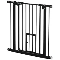 PawHut Barrera de Seguridad Extensible con Puerta Pequeño Cierre Automático y Sistema de Doble Bloqueo 74-80x76,2 cm Negro(m-10)