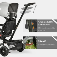 HOMCOM Dreirad mit Schubstange drehbarer Sitz 4-in-1 Kinderdreirad Kinder Fahrrad klappbar abnehmbar Kinderauto Metall EVA Grau 111,5 x 52 x 98 cm(m-7)