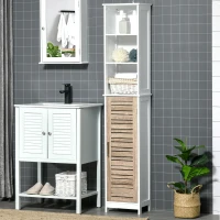 kleankin Meuble colonne rangement de salle de bain bicolore avec étagères et placard porte - dim. 34L x 30l x 172H cm - blanc et aspect bois(m-2)