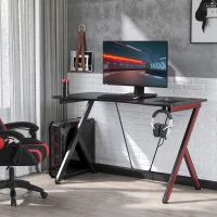 HOMCOM Mesa Gaming 120x60x75 cm Escritorio Ergonómico Gaming Desk para Ordenador PC con Portavasos Gancho para Auriculares y Orificio de Pasacables Efecto de Fibra de Carbono Negro(m-2)