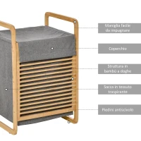 HOMCOM Cesto Portabiancheria con Sacco Rimovibile, Arredamento Bagno Stile Nordico in Bambù e Tessuto, 40x35.5x60.5cm, Legno e Grigio(m-6)