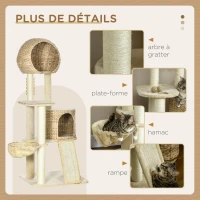 PawHut Arbre à chats griffoir sisal naturel 2 niches plateforme hamac peluche jacinthe d'eau - 60 x 60 x 150 cm beige(m-5)
