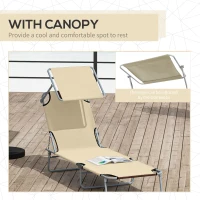 Outsunny 2 Pieces Outdoor Foldable Sun Lounger, 4 Level Adjustable Backrest Reclining Sun Lounger Chair with Angle Adjust Sun Shade Awning for Beach, Garden, Patio, Beige(m-6)