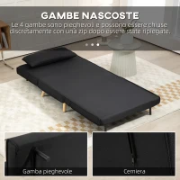 HOMCOM Poltrona Letto 3 in 1 con Schienale Reclinabile su 6 Posizioni in Tessuto, 94x78x80 cm, Nero(m-6)
