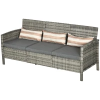 Outsunny Rattan Sofa mit Kissen, Dreisitzer, Garten Loungesofa, Stahl, Grau, 173 x 68 x 78 cm(m-10)