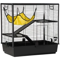 PawHut Cage petits rongeurs cochon d'inde, lapin, furets 3 niveaux avec abreuvoir, hamac, 2 rampes dim. 80L x 48l x 78H cm - noir(m-1)