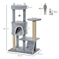 PawHut Árbol para Gatos de 5 Niveles Torre para Gatos con Plataformas Nido Postes de Yute Escalera y Bola Colgante Gris(m-3)