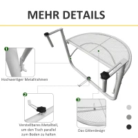 Outsunny Balkonhängetisch Hängetisch Gartentisch höhenverstellbar halbrund Ø30 cm Terrasse Metall Weiß L60 x B45 x H50 cm(m-6)
