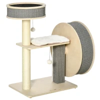 PawHut Árbol Rascador para Gatos Mediano Altura 91 cm Torre Escalador Gatos con Rueda para Ejercitar Cama Plataforma Cojines Poste de Sisal y Bolas de Juguete Gris y Crema(m-9)