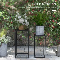 Outsunny Tavolino Portapiante Set 2 Pezzi in Acciaio per Interni ed Esterni, 25x25x58.5 cm e 31x31x65 cm, Nero(m-4)