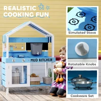 AIYAPLAY Kids Mud Kitchen Outdoor with Stoves, Sink, Faucet, Storage Shelves, Cookware Accessories for Boys Girls, Blue(m-4)