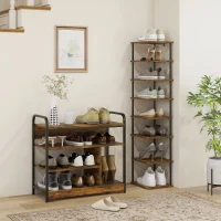 HOMCOM Schuhregal 4-stufig, offenes Design, Metallrahmen, verstellbare Füße, 70x30x65 cm, Braun/Schwarz(m-7)
