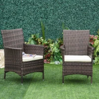 Outsunny 2 PC Outdoor Rattan Armchair Dining Chair Garden Patio Furniture w/ Armrests Cushions Mixed Brown(m-11)
